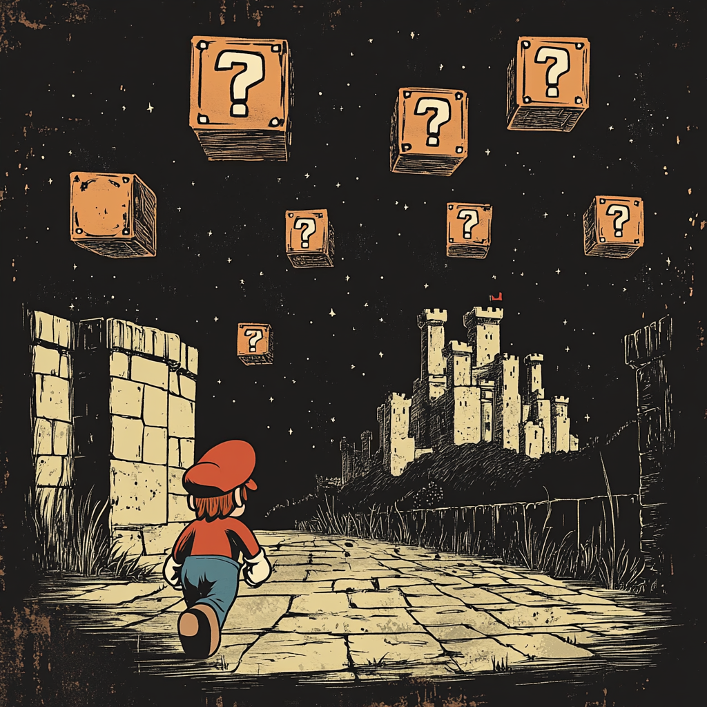 Mario in dark fantasy style walking to castle.