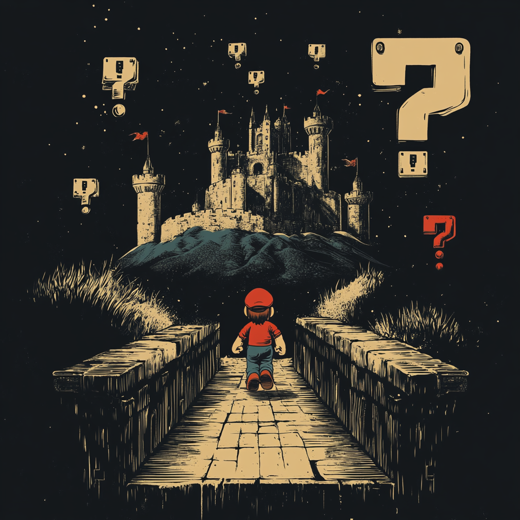 Mario walking towards Bowser's castle in fantasy graphic.