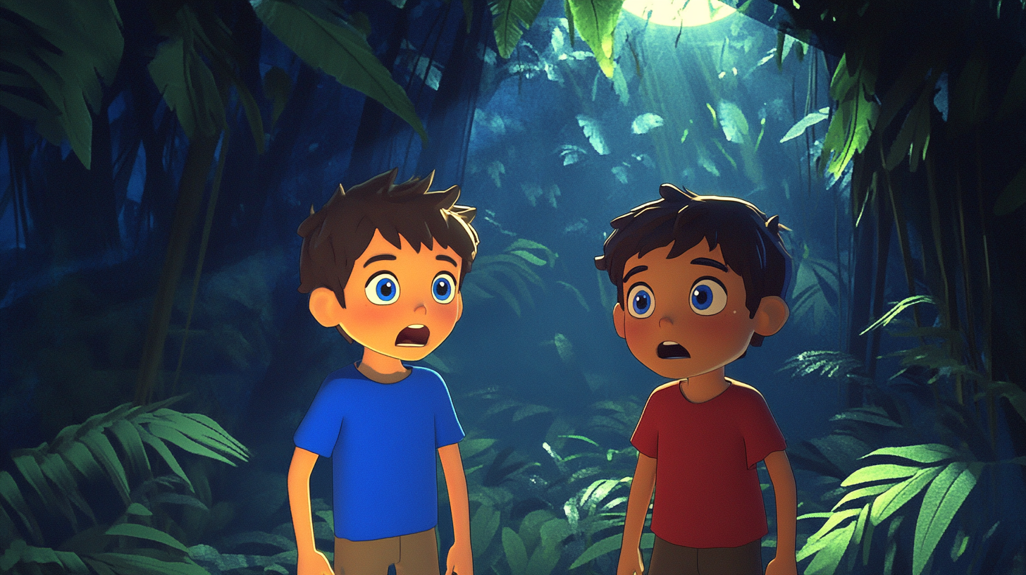 Mark in blue shirt and James in red t-shirt, under moonlit jungle with concern.