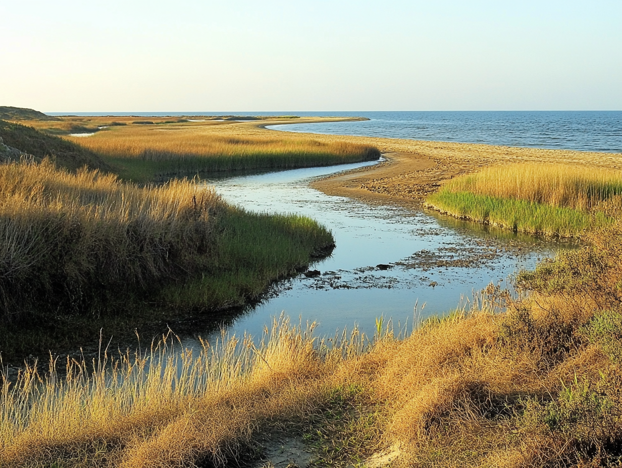 Marshes with Indigeneous vegetation surrounded by saline deposits.