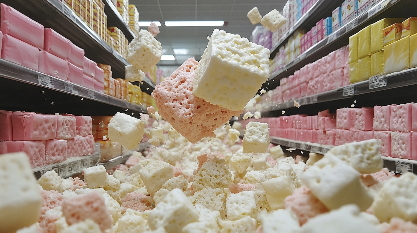 Marshmallow Man trapped in sticky selfie at the store.