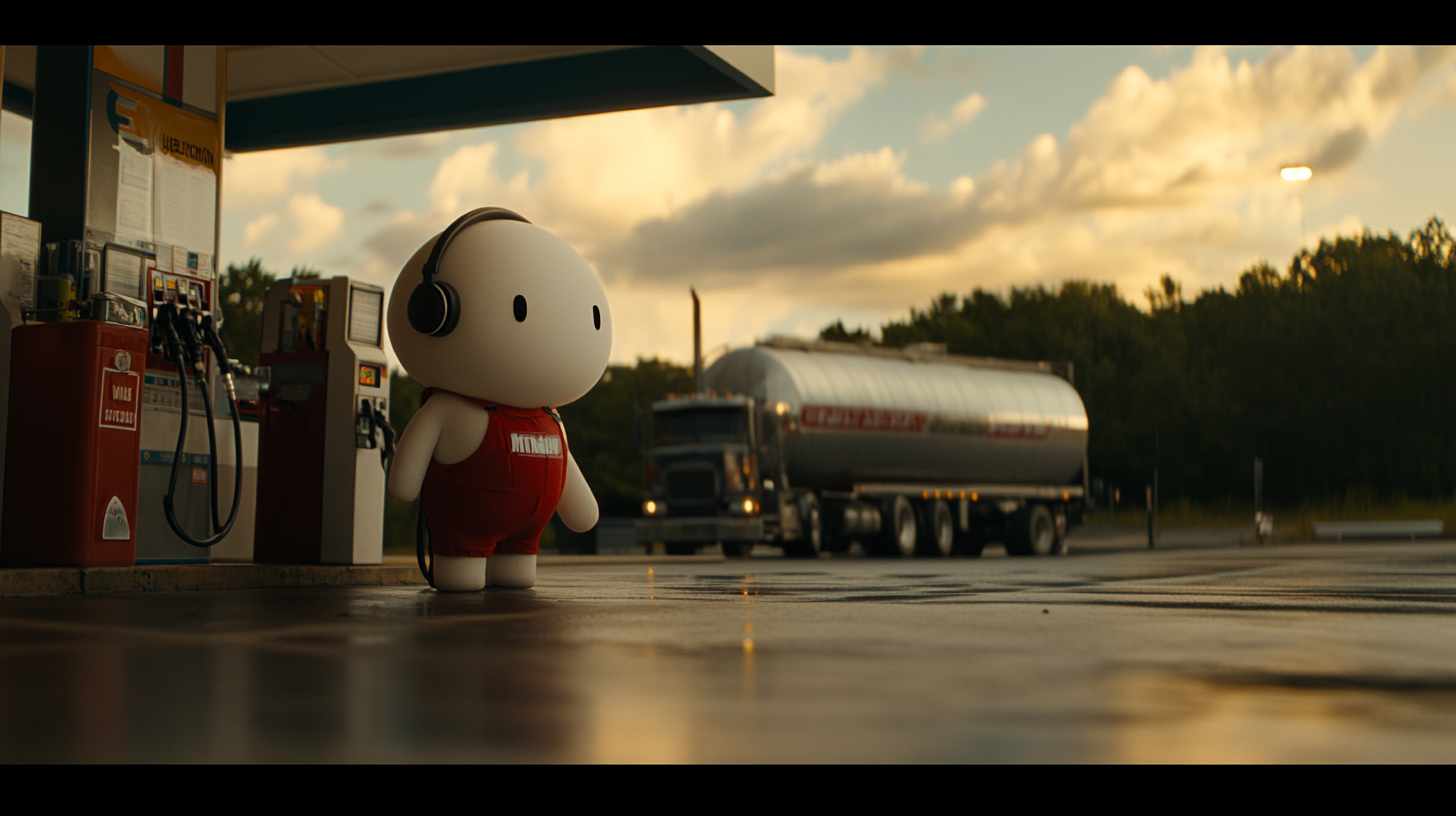 Marshmallow gas station worker fuels big truck wearing headphones.