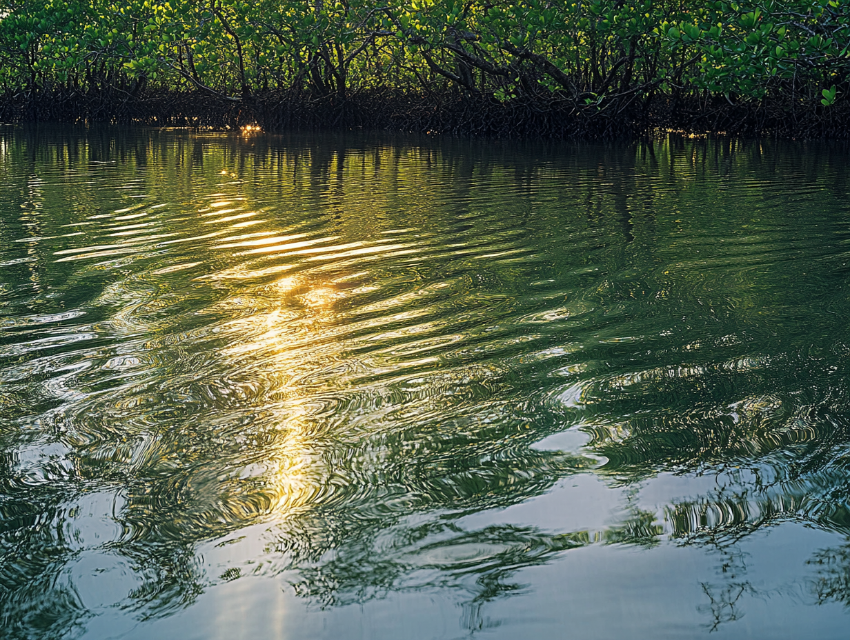 Marshy surface with vegetation, water reflecting sunlight, creating ripples.