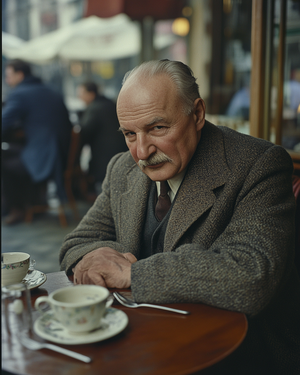 Martin Heidegger in 1950s Paris café, lost in thought.