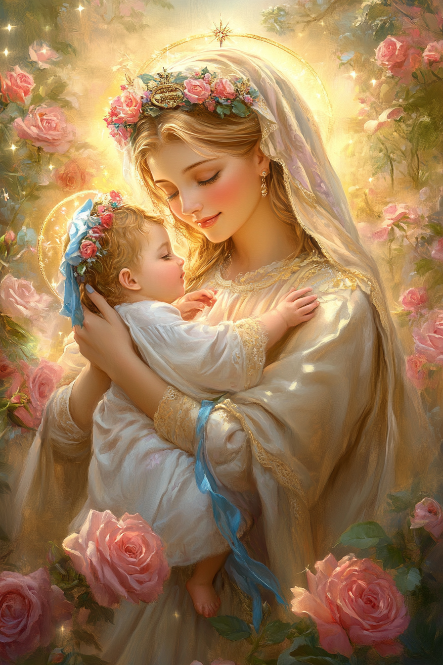 Mary holds baby Jesus amidst roses and stars