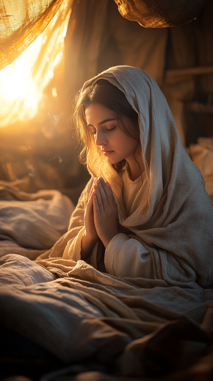 Mary praying in golden hour, high definition rendering.