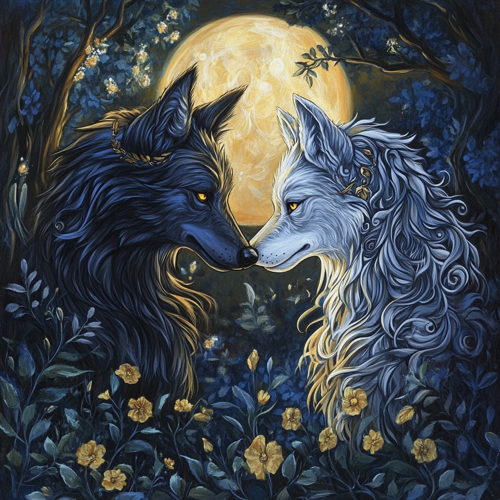 Masculine and feminine dire wolves playfully interact in forest.