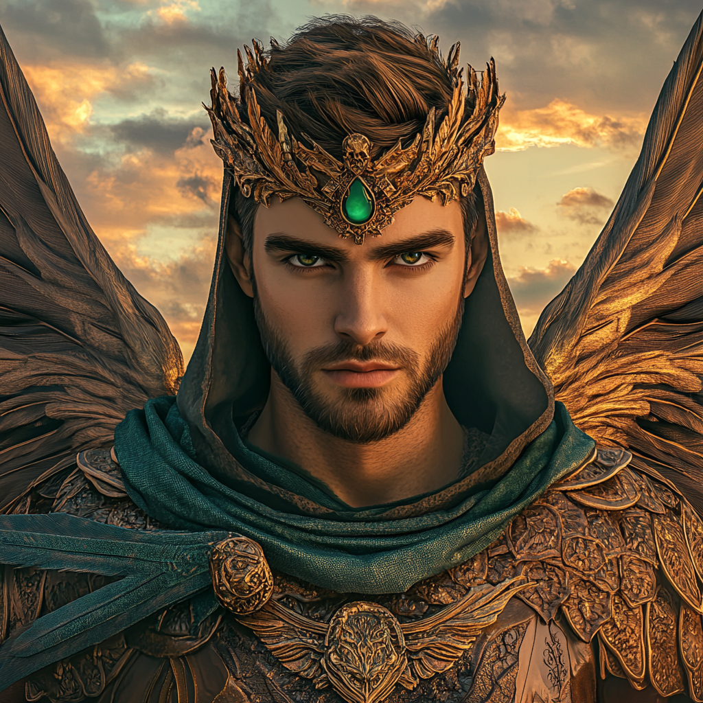 Masculine male Angel with hazel eyes and emerald crown.