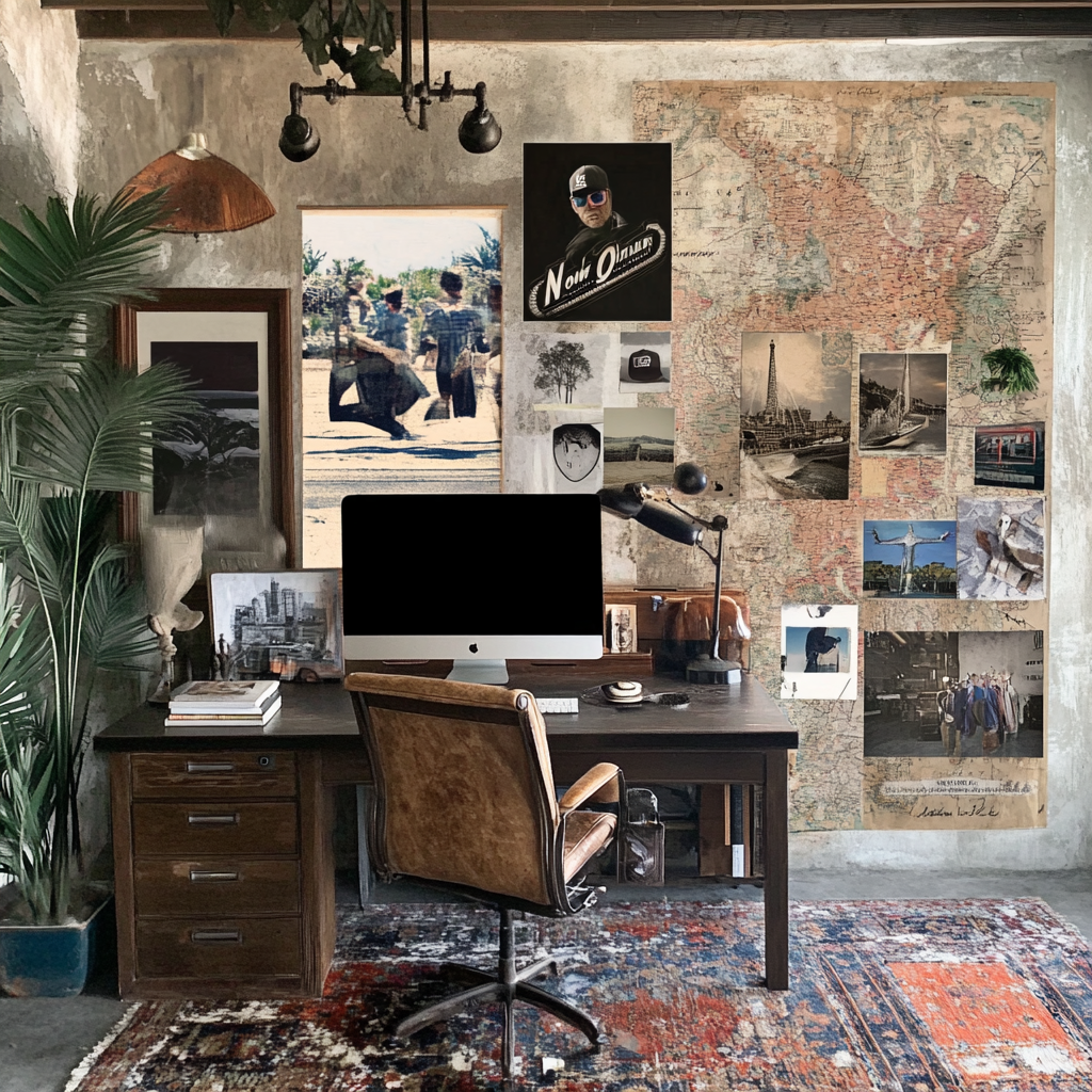 Masculine office with Dodgers, golf, surf, rum, NOLA, Cali.