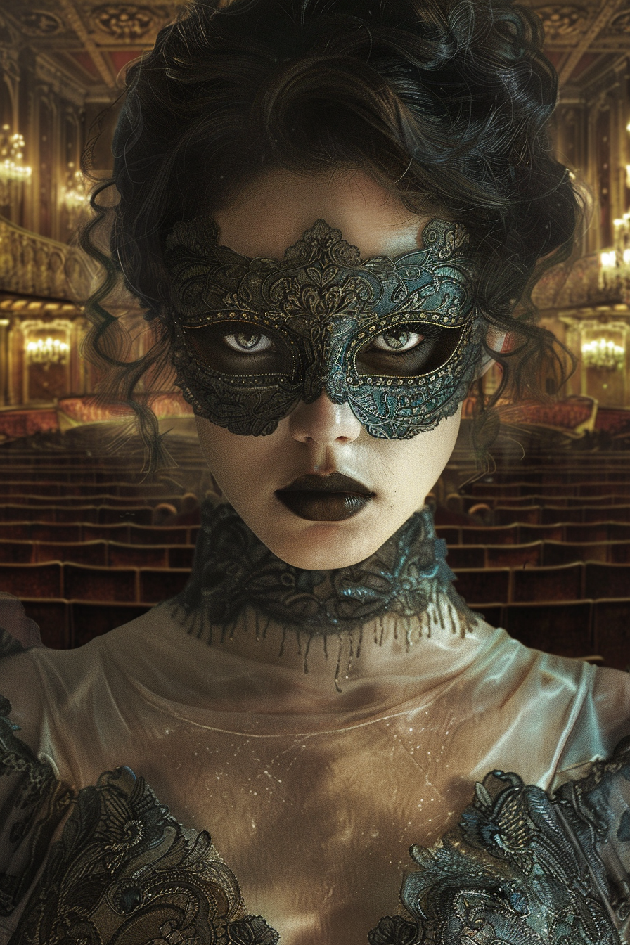 Masked woman in ghostly dress at eerie opera house