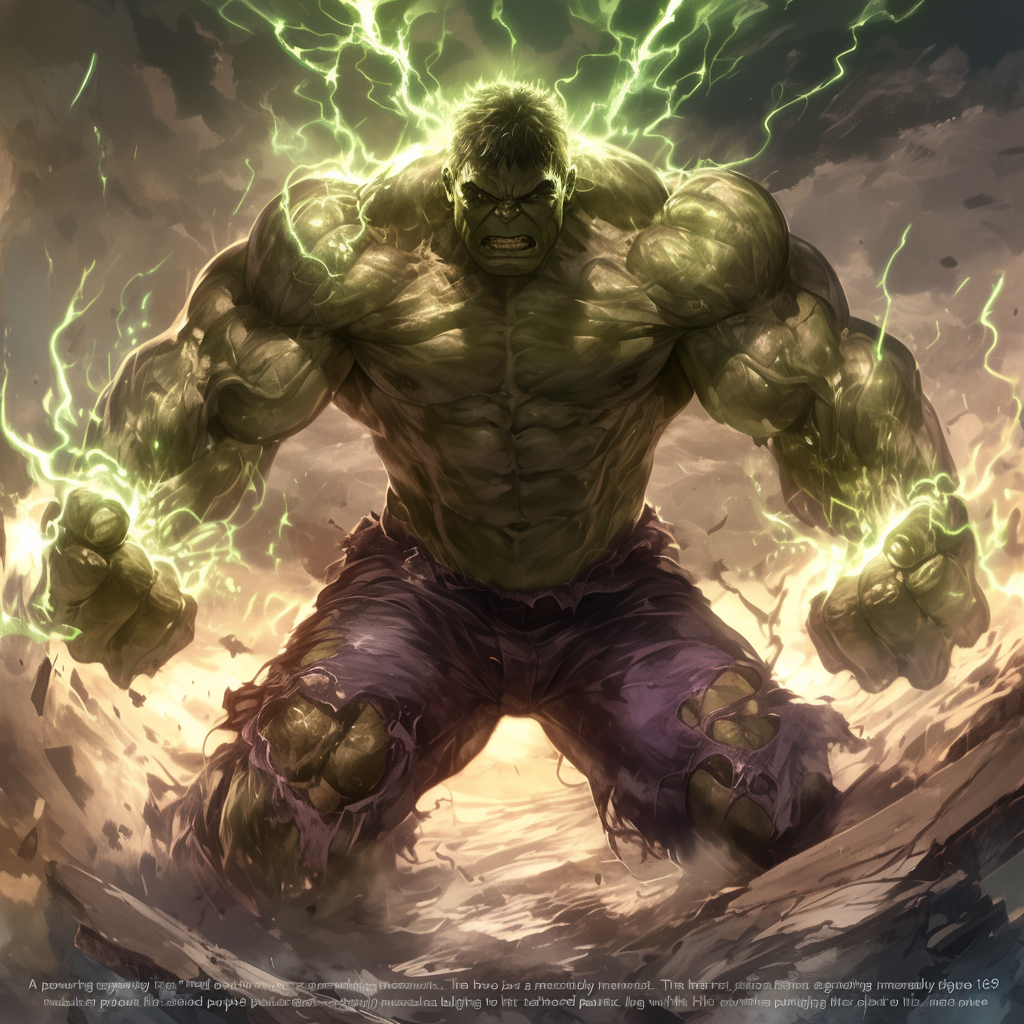 Massive, muscular green superhero in dramatic stormy background.