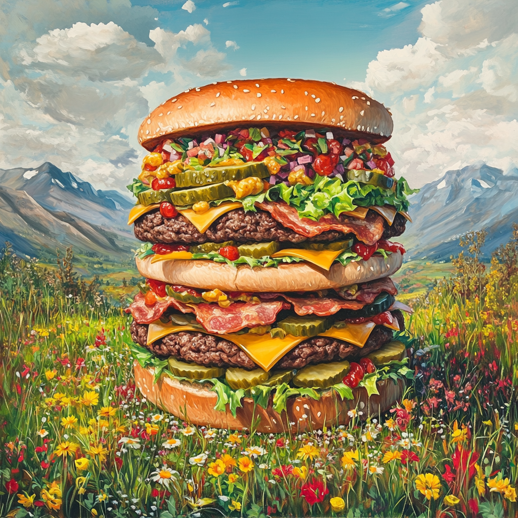 Massive Big Mac towering over serene meadow.