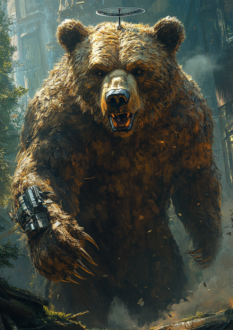 Massive angry bear in woods with mechanical arm.