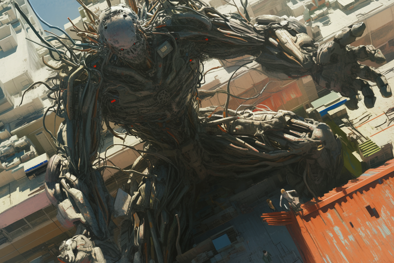 Massive cybernetic man destroying building in detailed horror art.