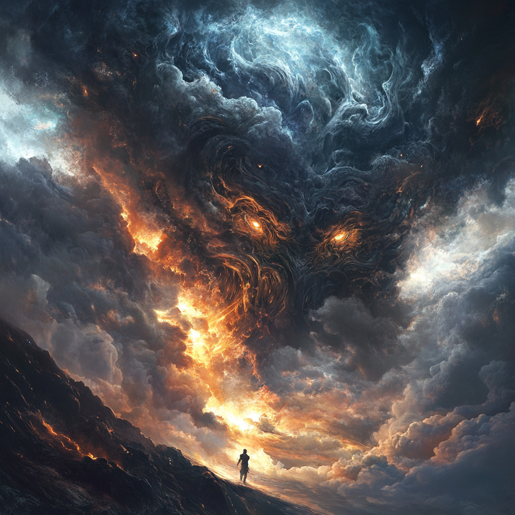 Massive demon looming in fiery sky, abyssal landscape below.