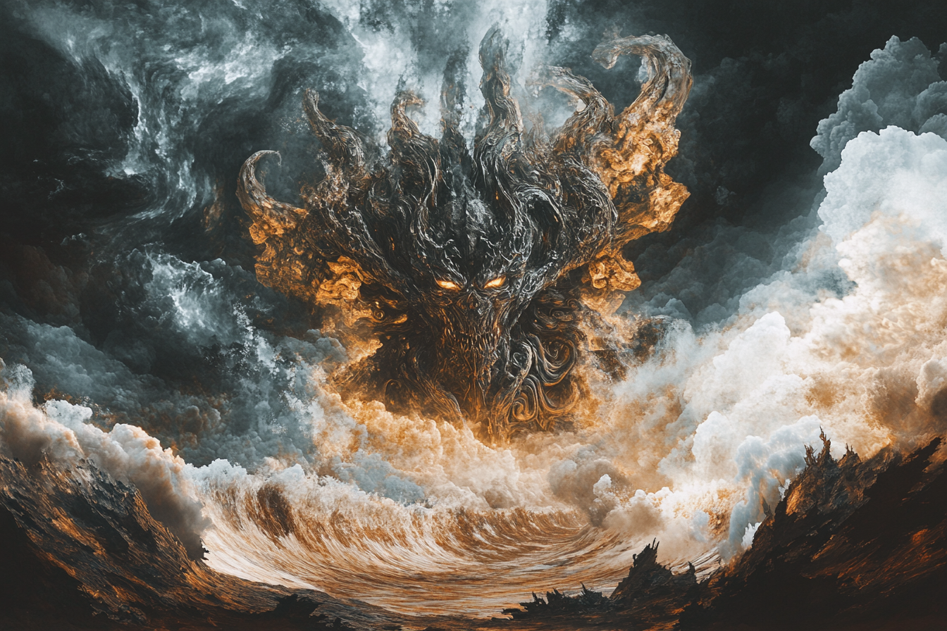 Massive demonic entity engulfed by fiery abyssal landscape wave.