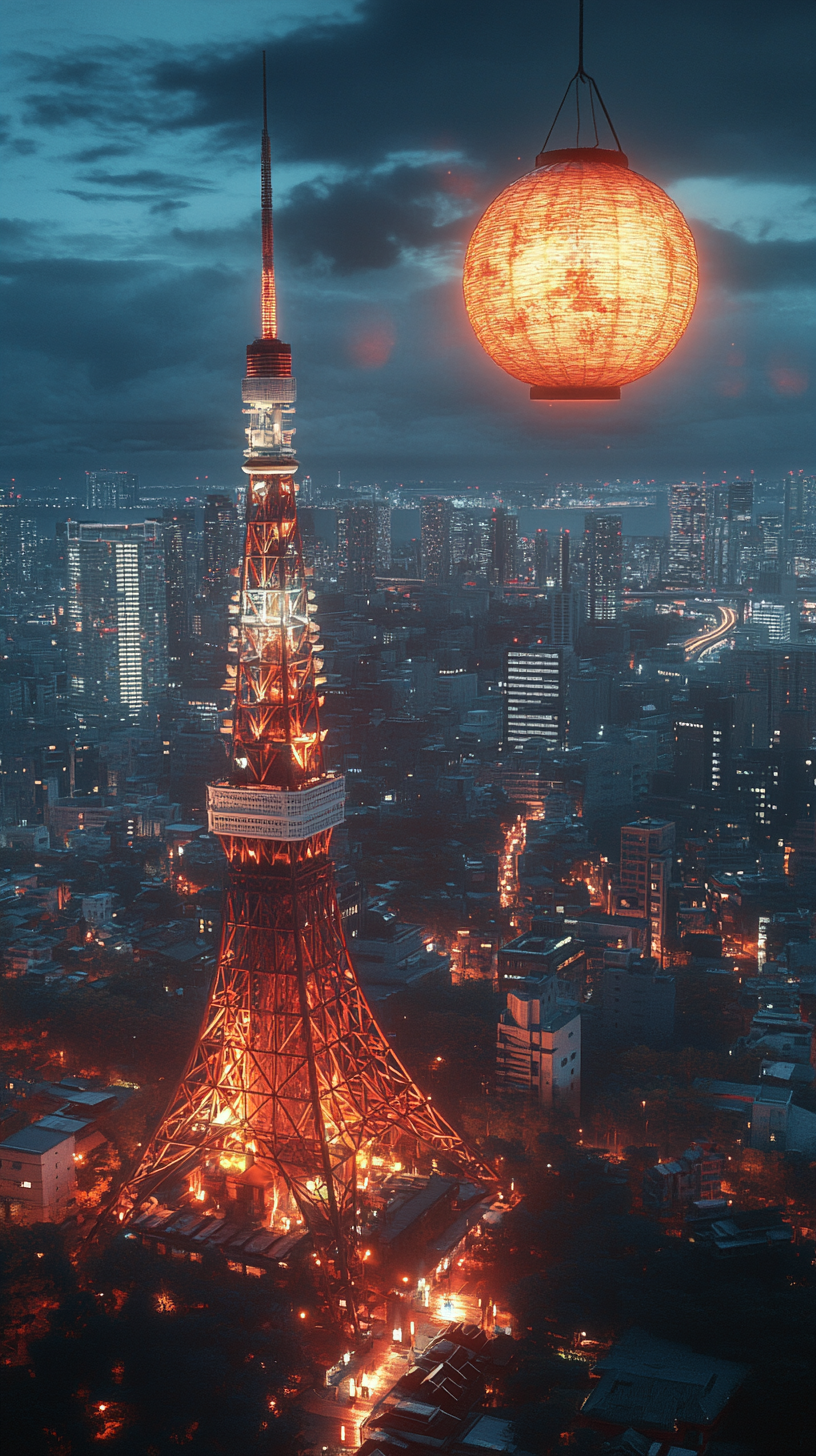 Massive lantern yokai floats over Tokyo Tower, illuminating streets.