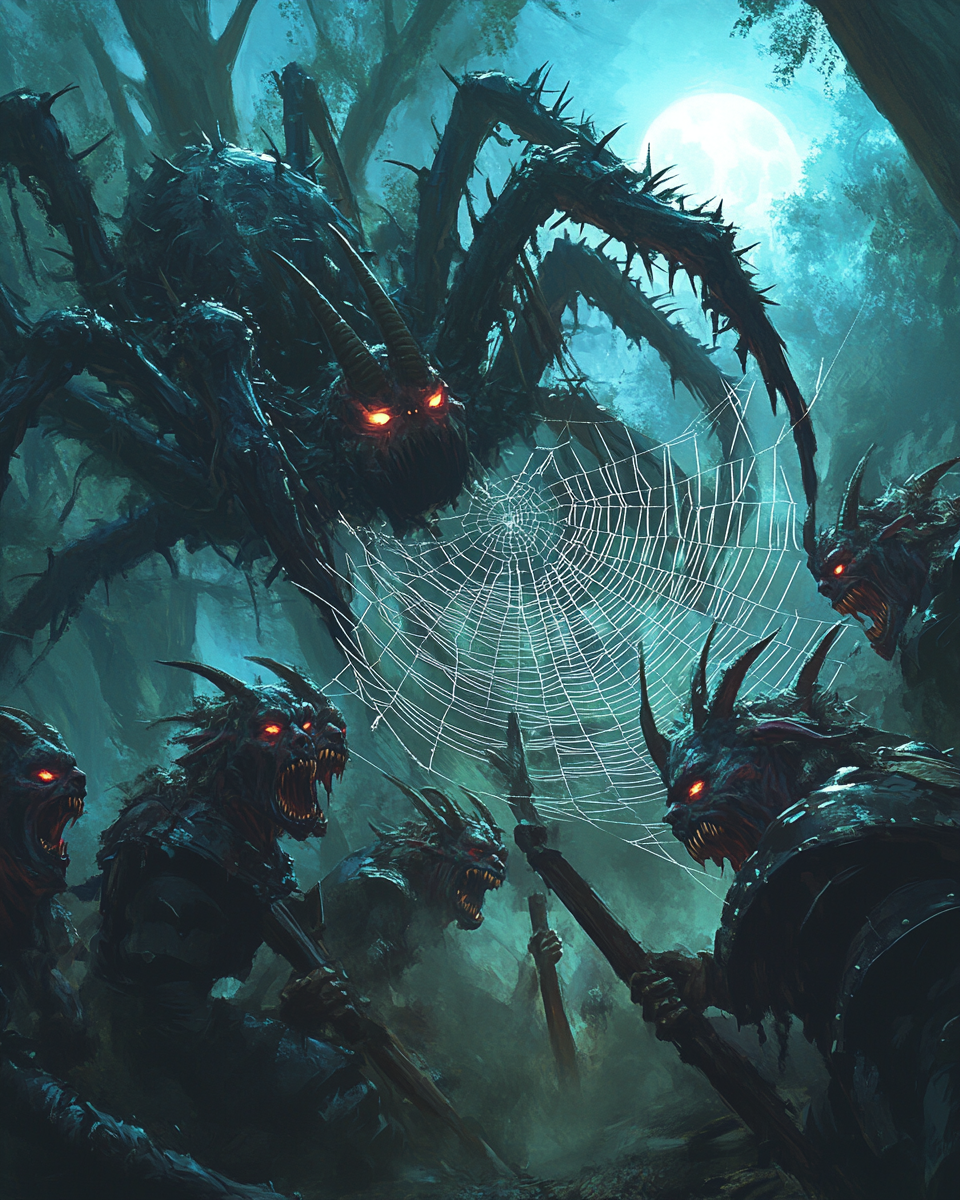 Massive spider traps goat-headed humans in dark forest.