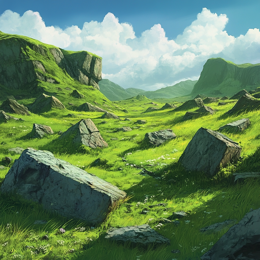 Massive stones in grass field fantasy landscape