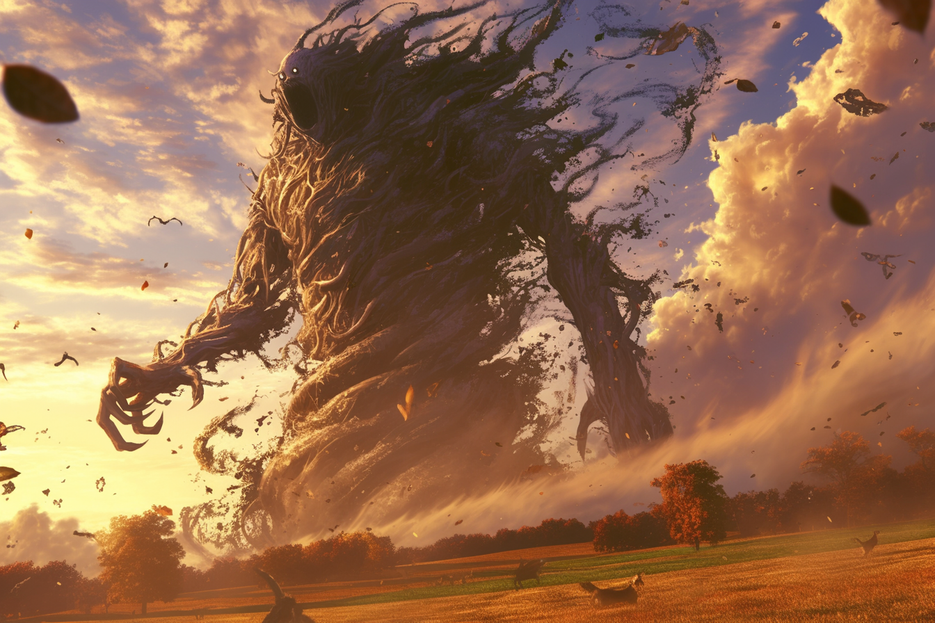 Massive wind monster confronts tornado in stunning artwork.