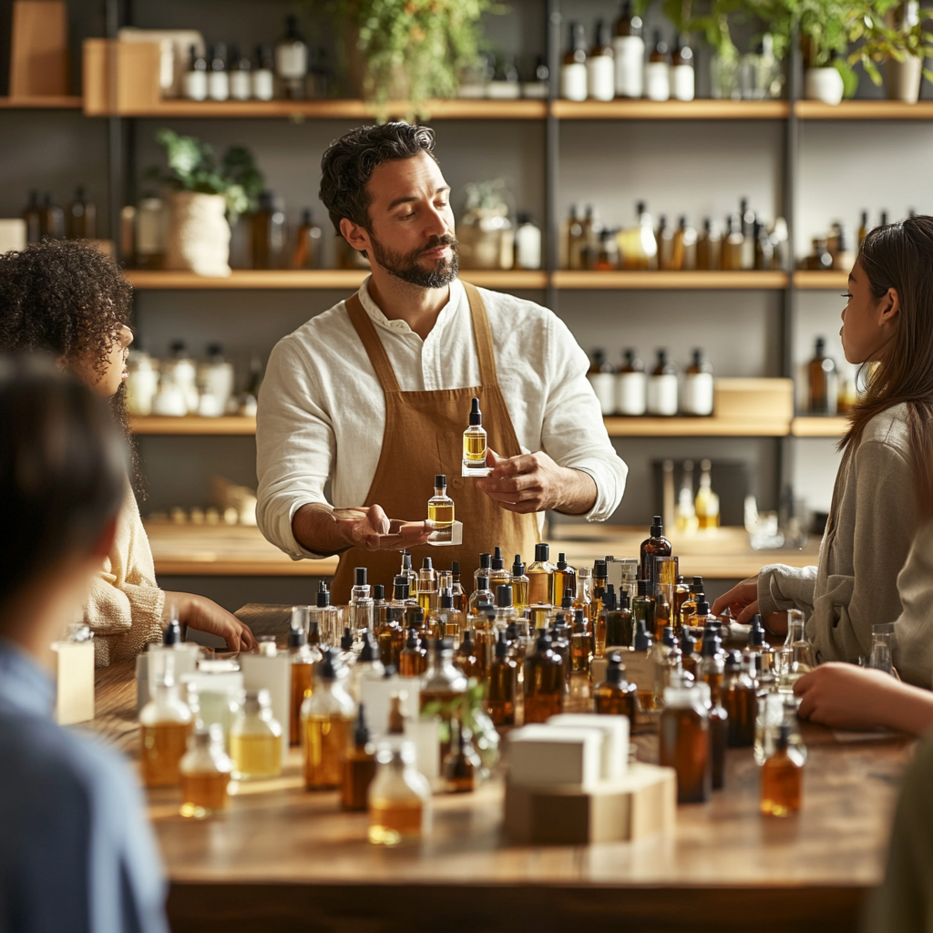 Master perfumer teaches students art of fragrance blending attentively