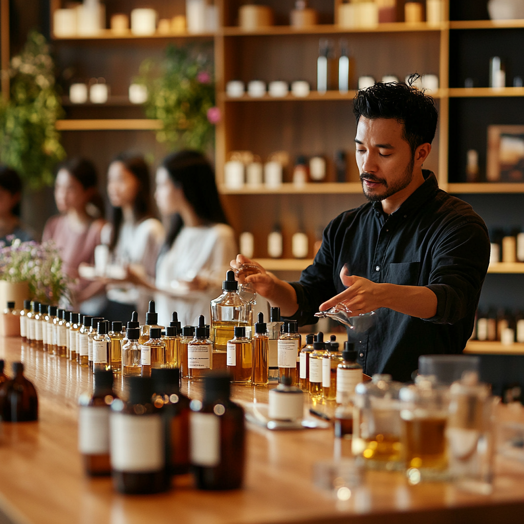 Master perfumer teaches students blending fragrances with oils.