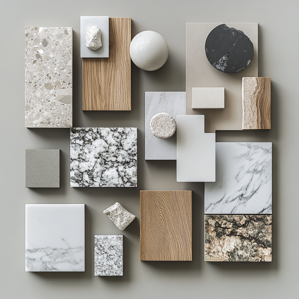 Material samples inspire interior design mood board with realistic minimalistic style.