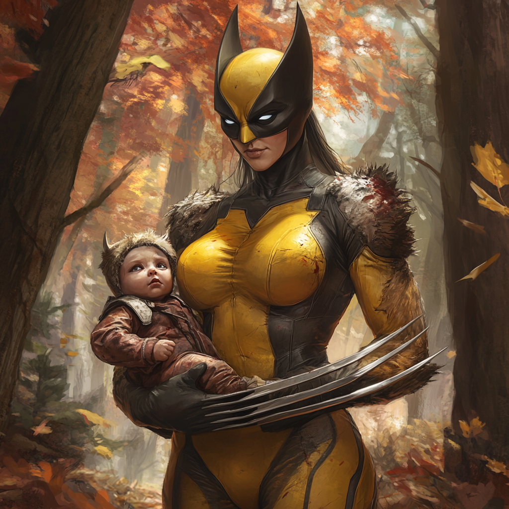 Maternal Wolverine holding baby in Canadian forest environment.