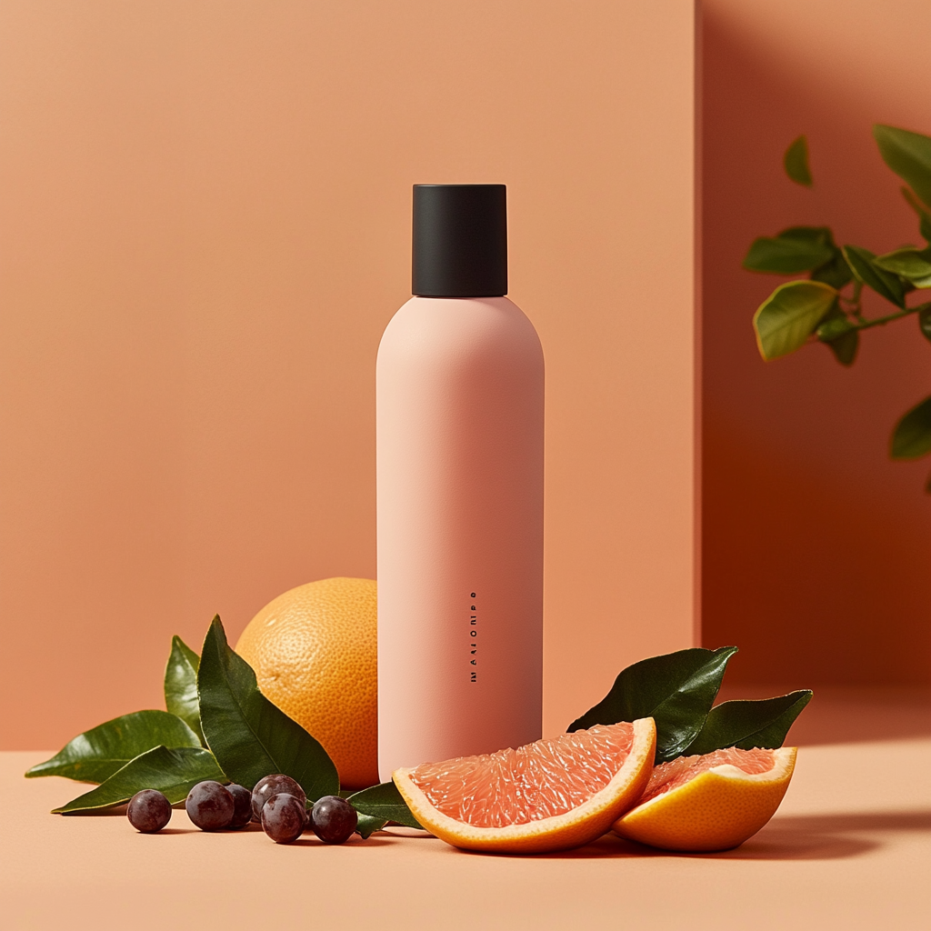 Matte pink bottle with grapefruit segments and foliage