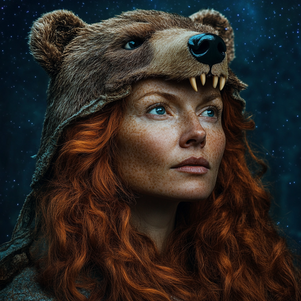 Mature Celtic woman wears bear headdress, gazes wisely.