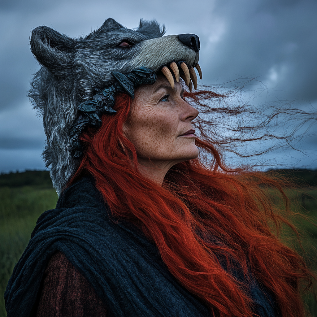 Mature Celtic woman with red hair and bear headdress.