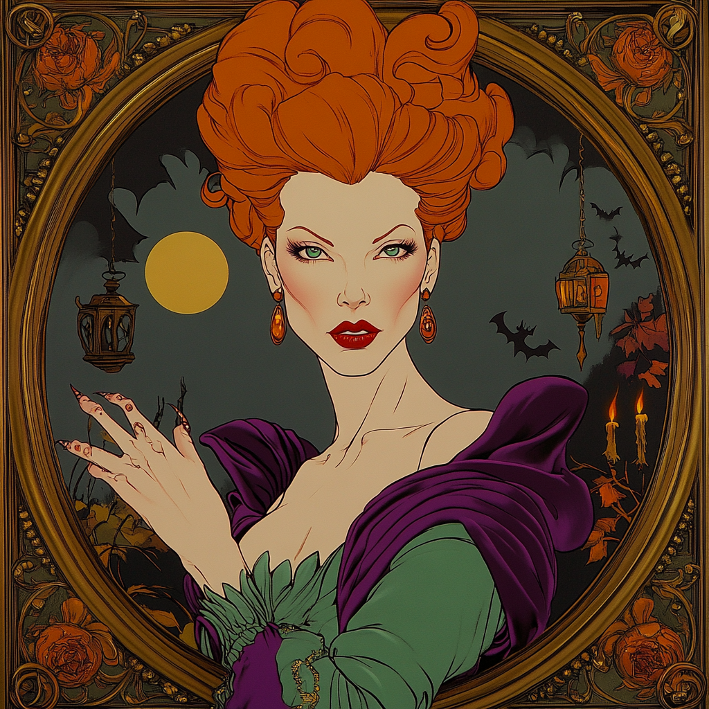 Mature witch with orange wig in elaborate Victorian frame.