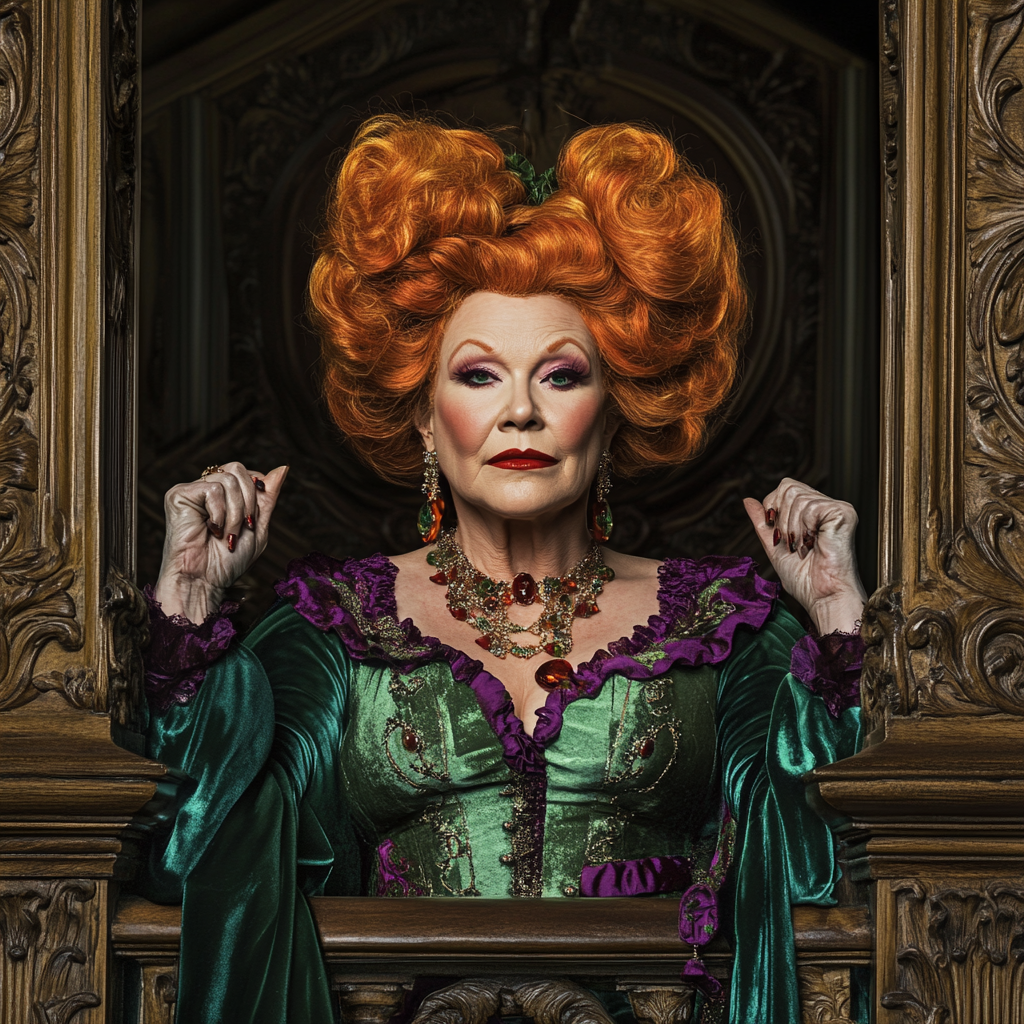 Mature woman resembling Bette Midler in Rococo style.