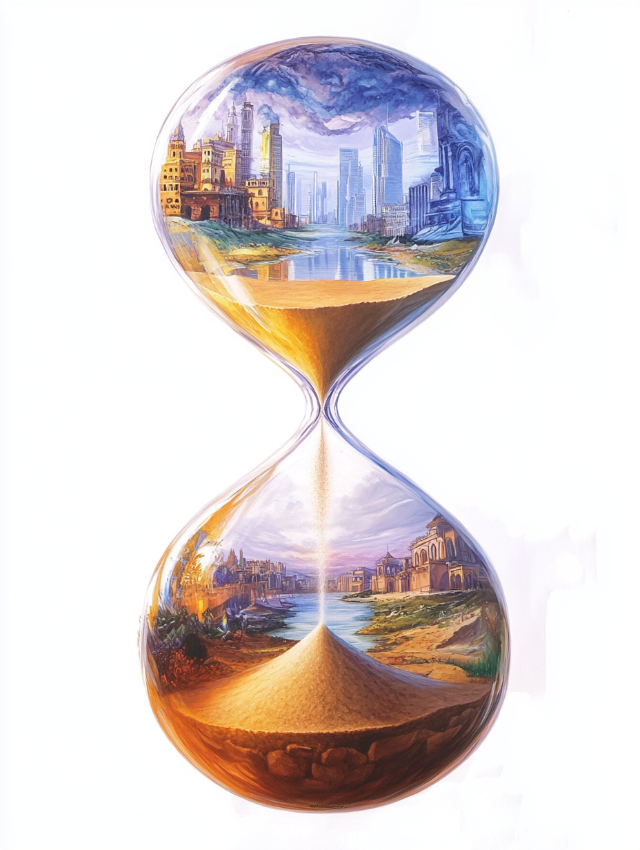 Maya balancing cityscape and landscape in hourglass.