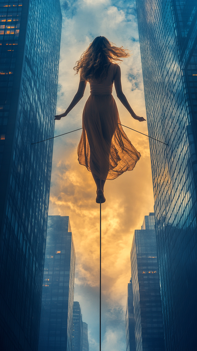 Maya balancing on tightrope between office buildings. Ethics vs challenges.