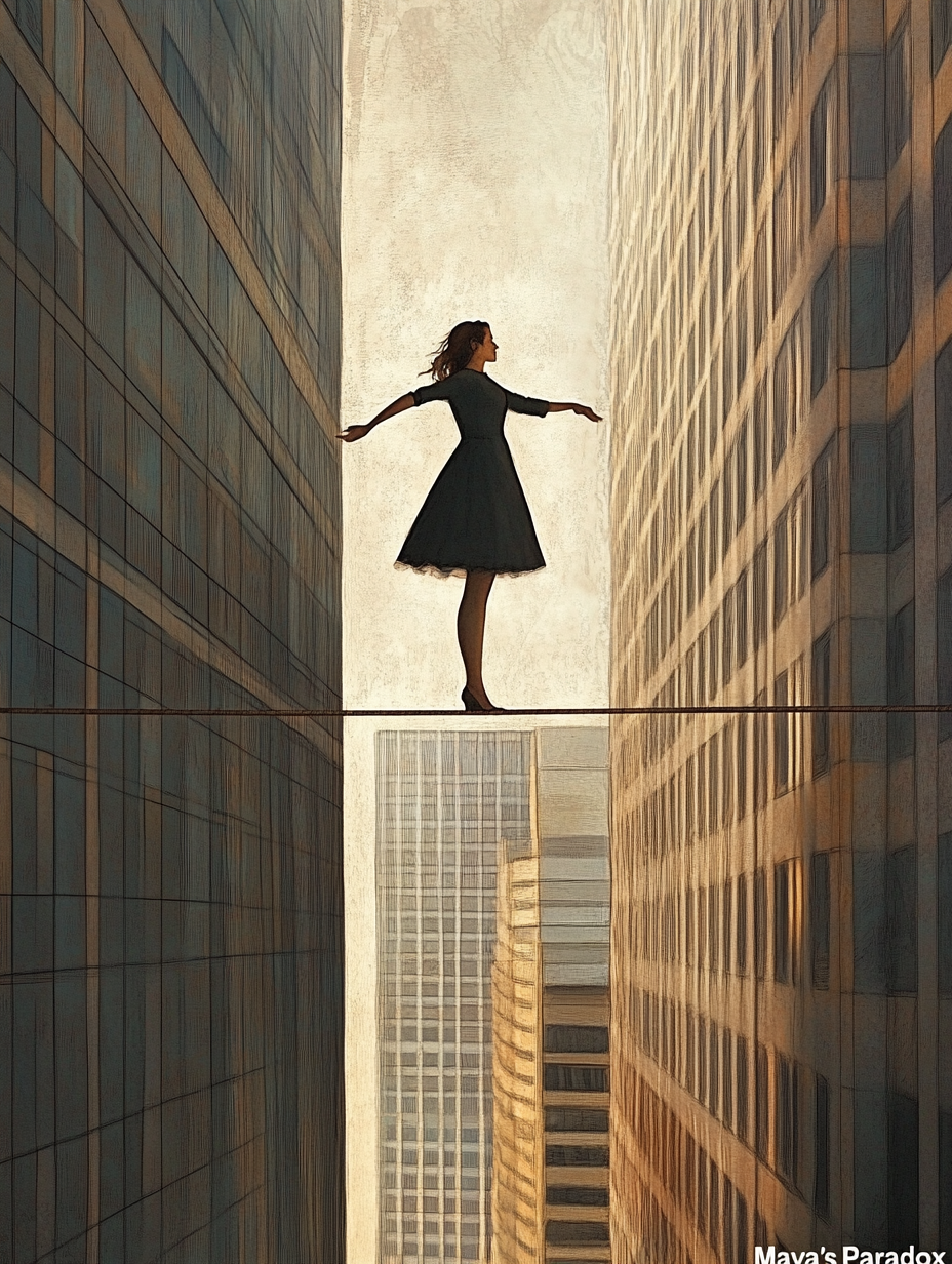 Maya balancing on tightrope between two office buildings.