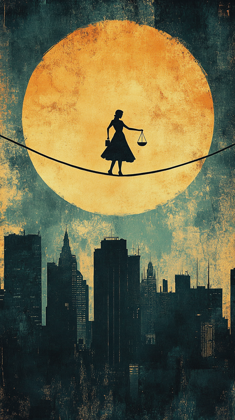 Maya walking on tightrope above cityscape with scale.