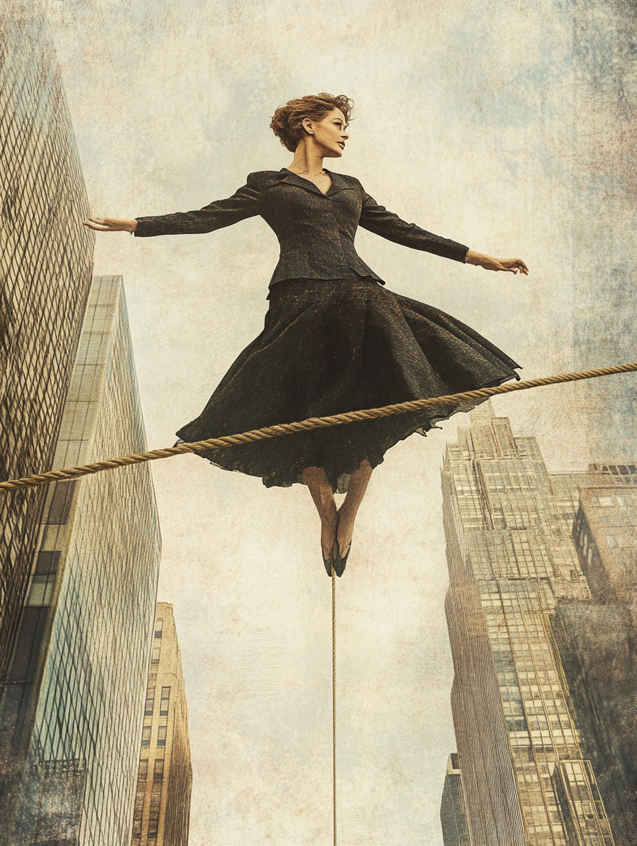 Maya walks tightrope, symbolizing balance in corporate world.