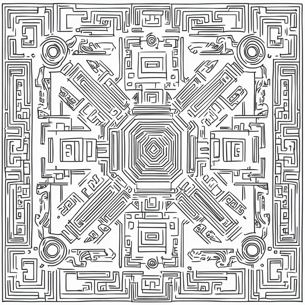 Mayan-inspired black and white geometric art pattern