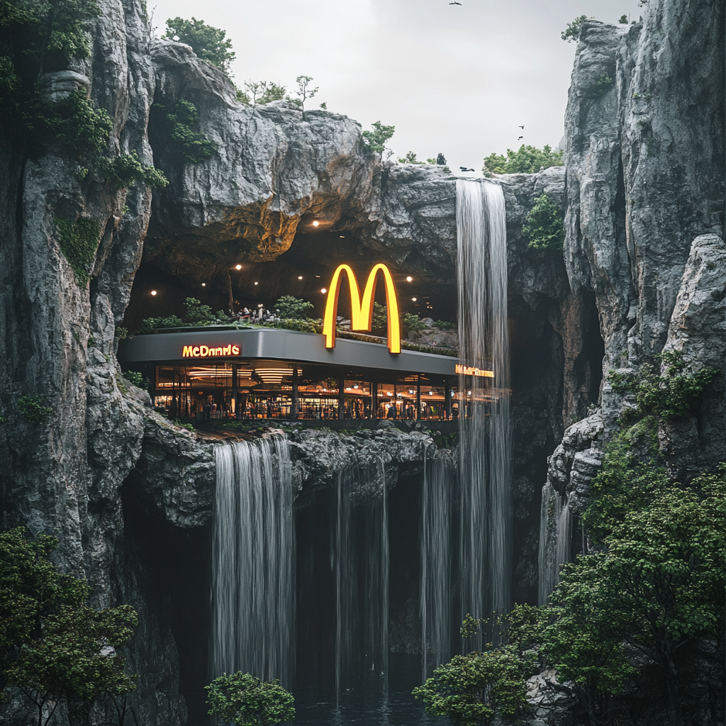 McDonald's inside mountain with waterfalls and logo.