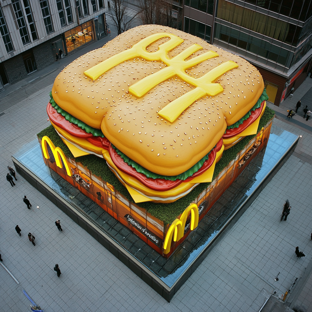 McDonald's store with giant 3D sandwiches on roof.