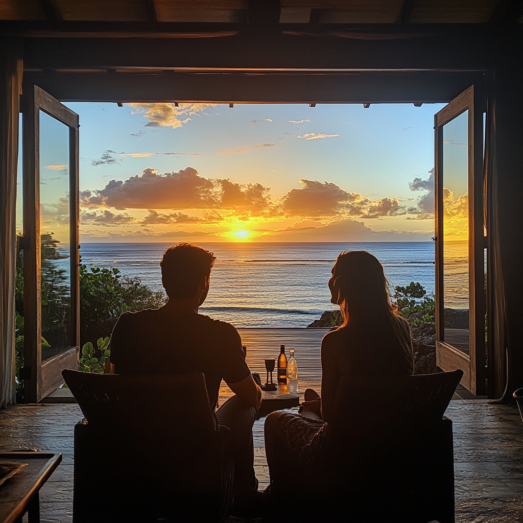 Me and my wife watching sunset on beach