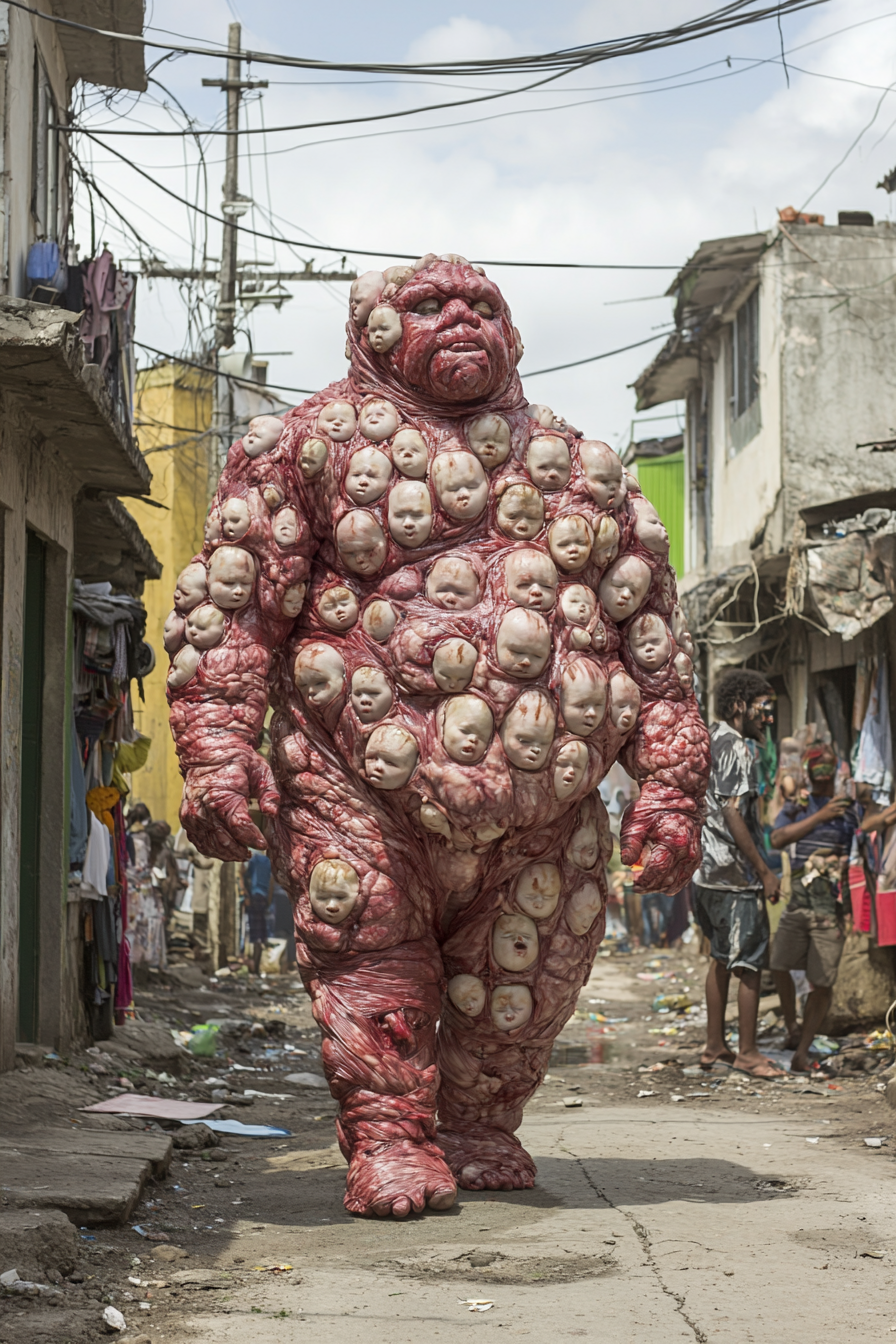 Meat man covered in baby heads walking in Rio