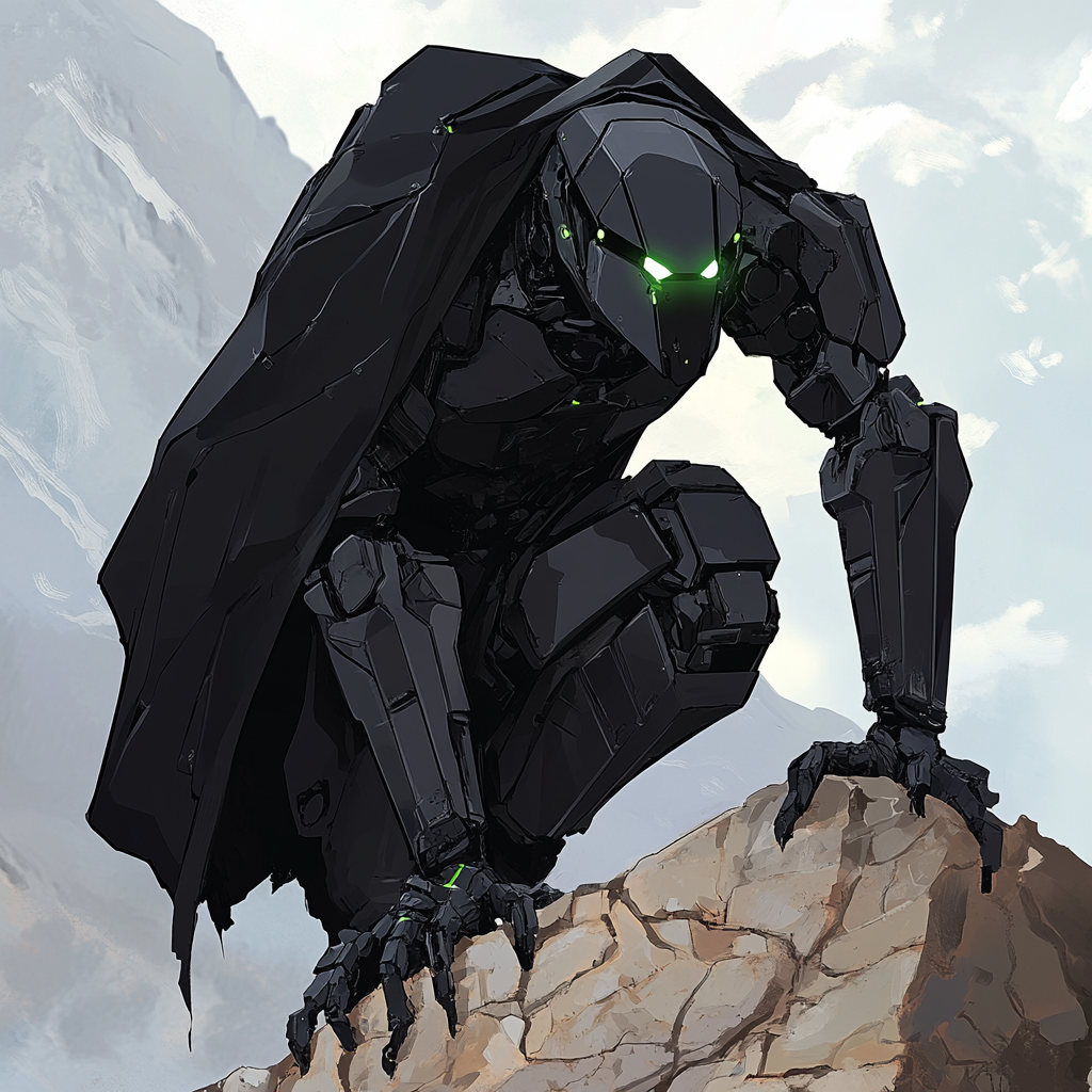 Mech in black cloak with hexagons on mountain ledge.