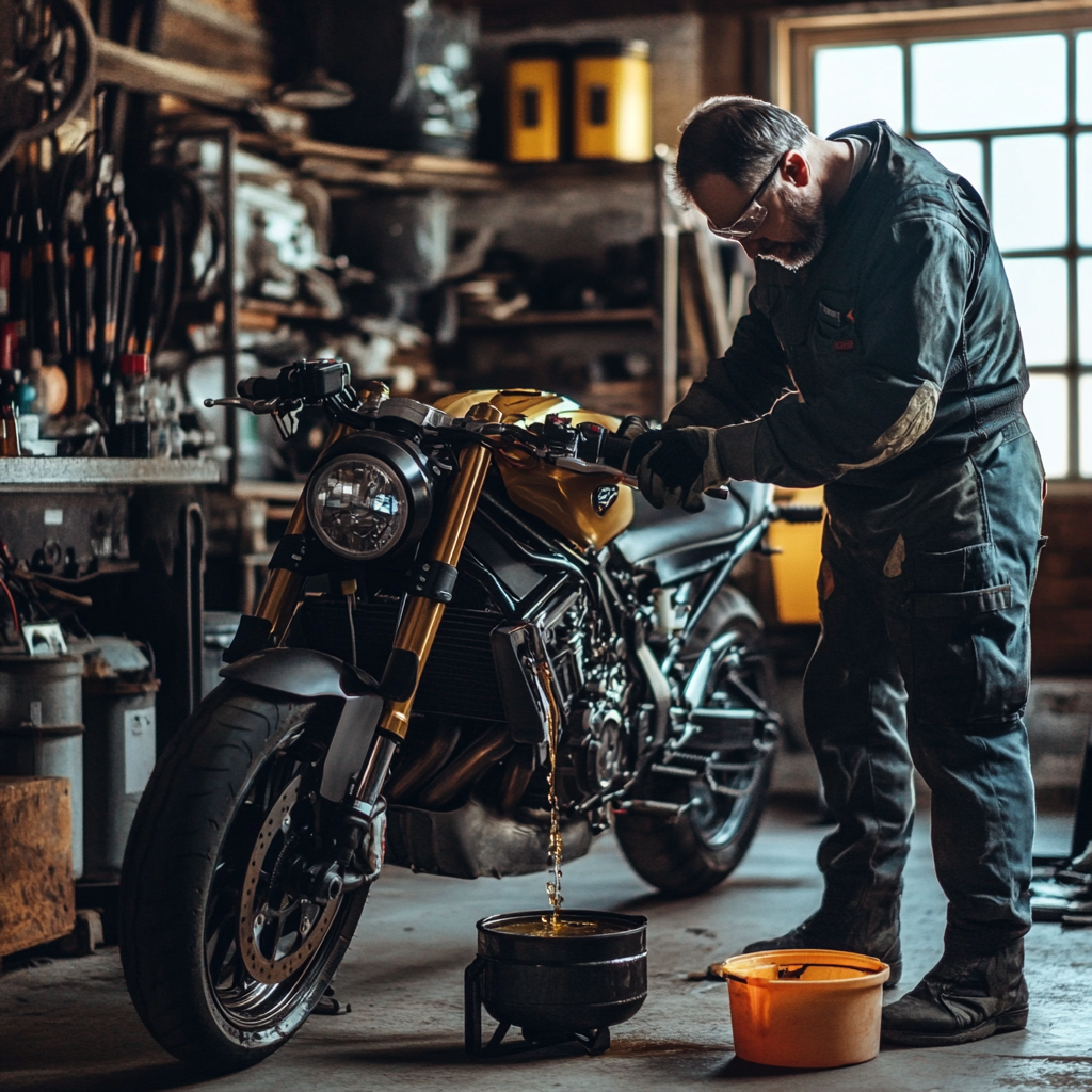 Mechanic changing motorcycle oil in organized garage.