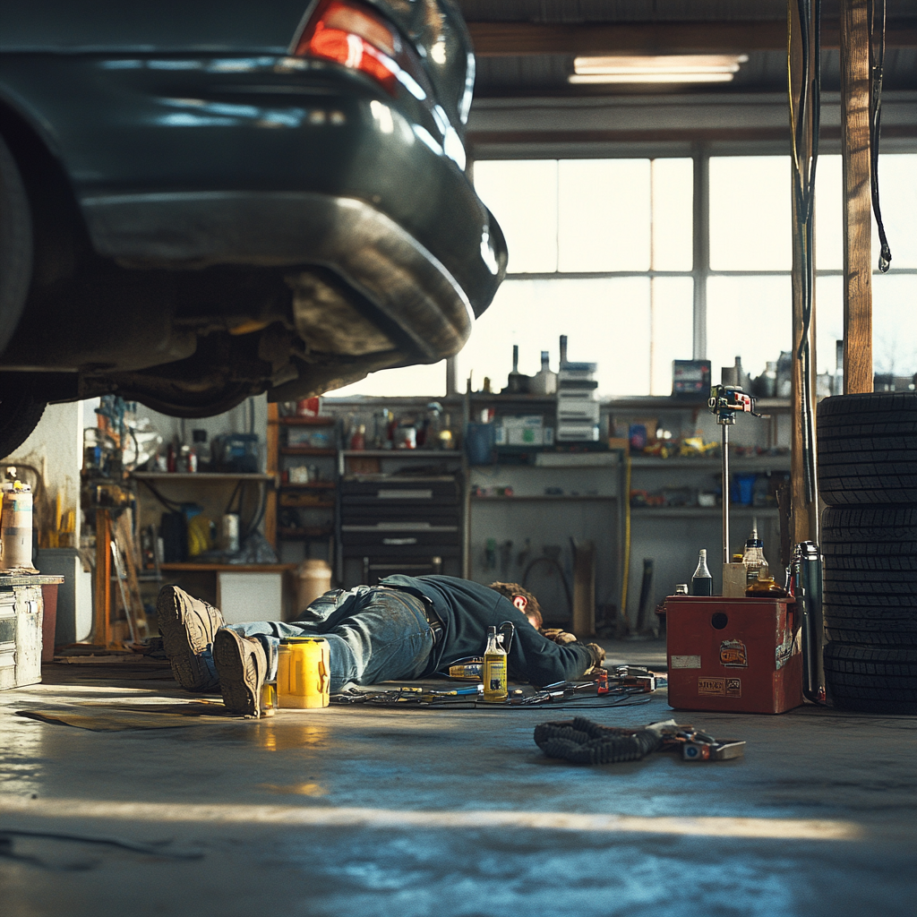 Mechanic under car, tools, oil, grease, tires, work area.