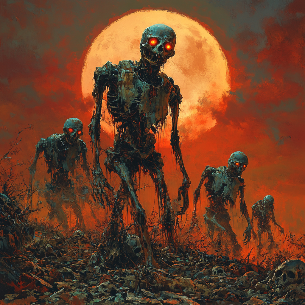 Mechanical and Rotten Zombies Battling under Red Moon