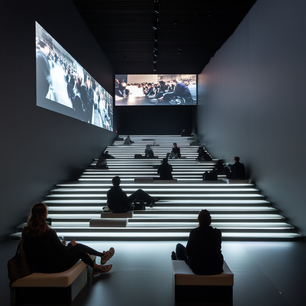 Media exhibit room with people sitting and reclining.