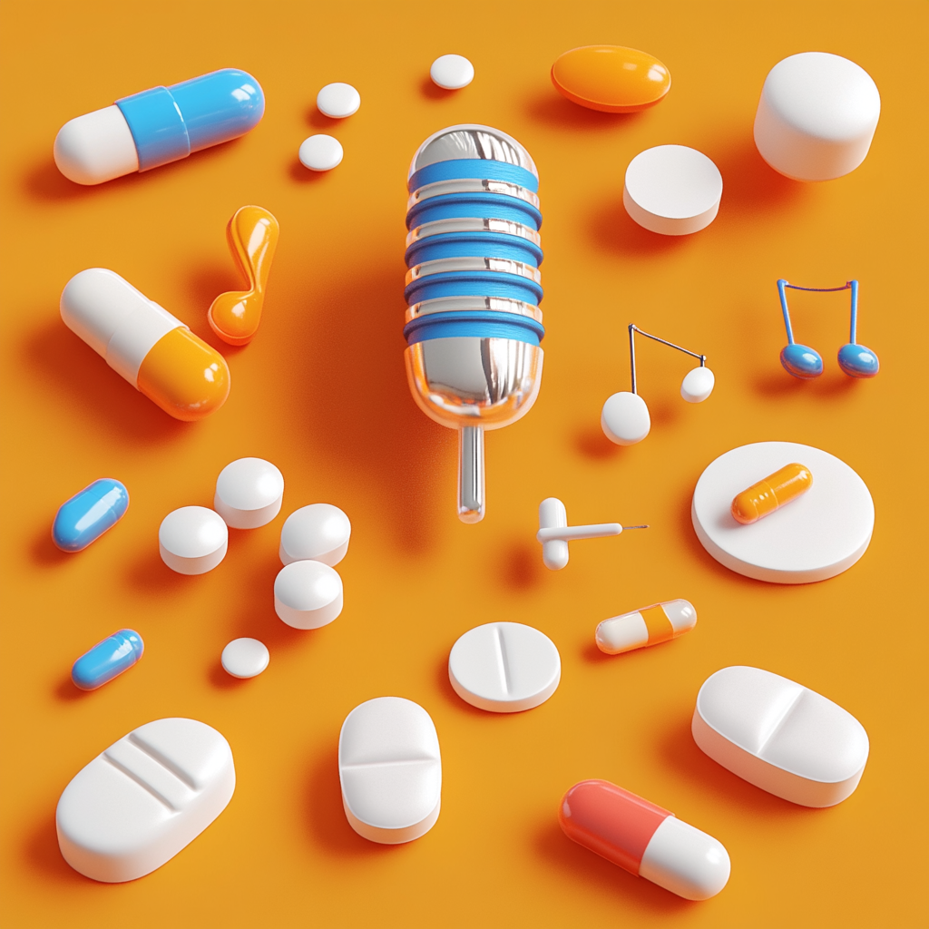 Medicine pills, music note, microphone, Blender C4D icons.