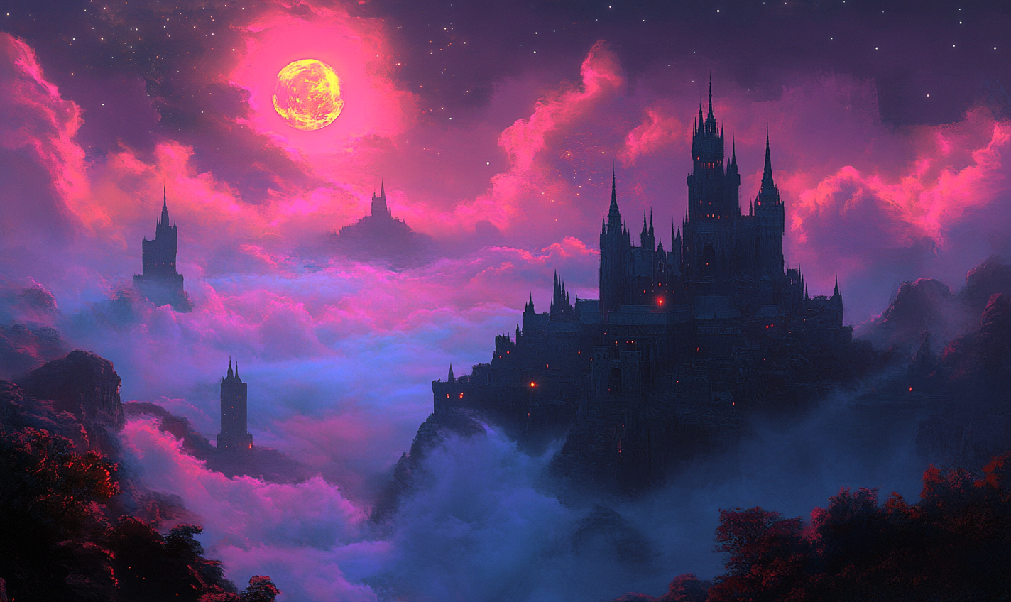 Medieval Fantasy Castle Night Neon Background Art